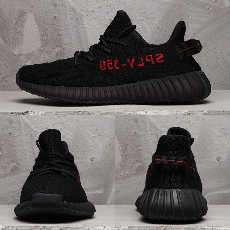 Composite product view showing the side, front, and rear angles of the black sneakers.