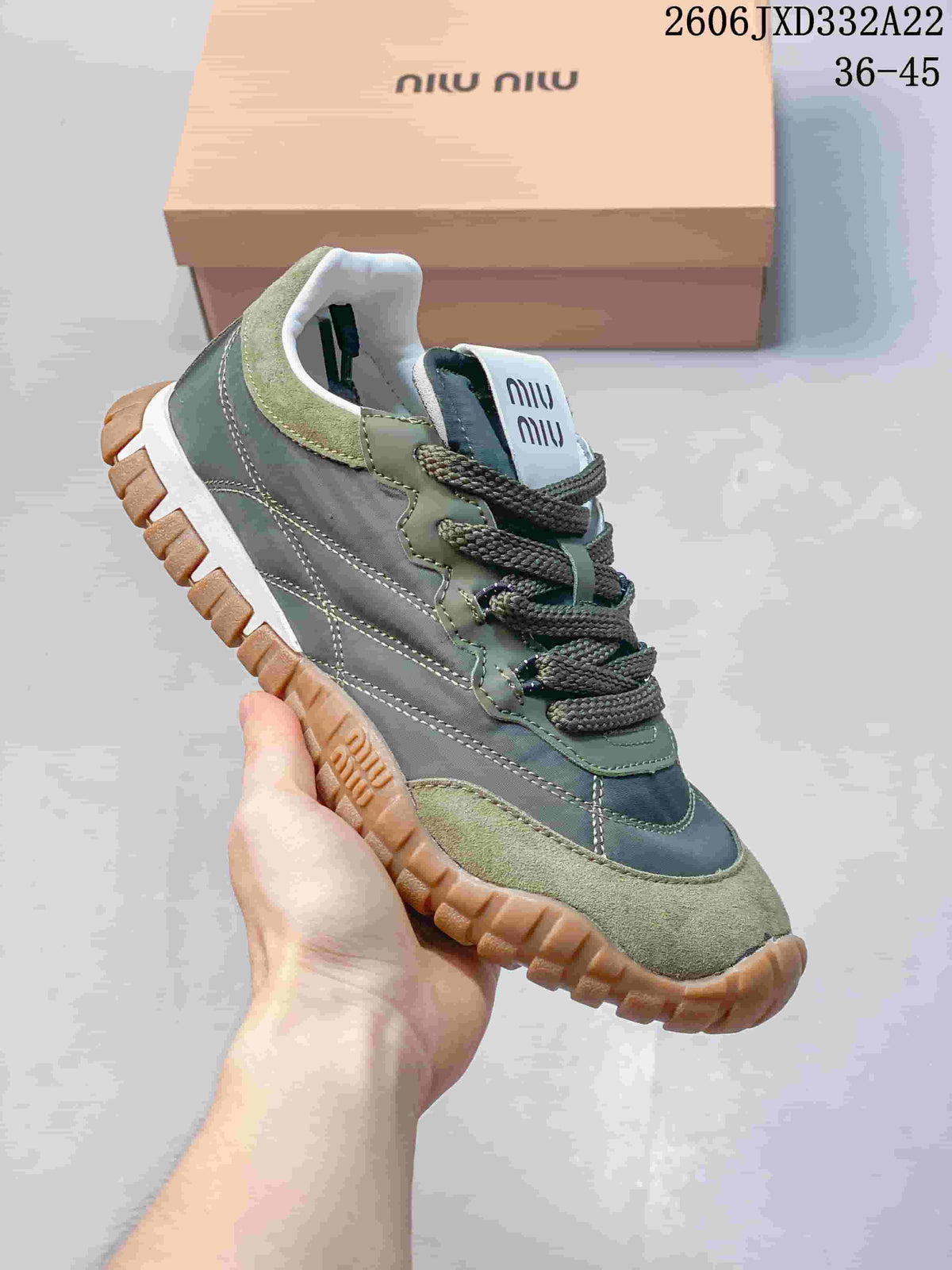 Miu Miu Tyre Low-Top Lace-Up Sneakers in Green and Gray