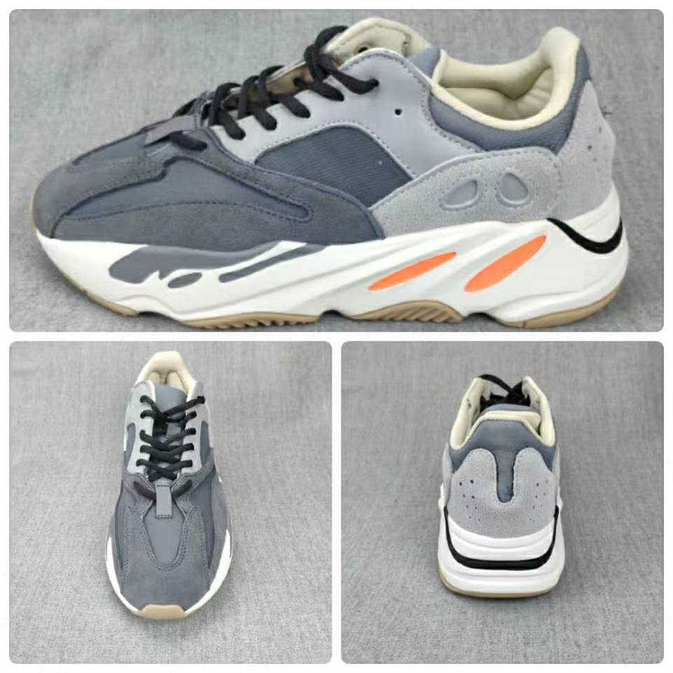 Product collage showing side, top, and rear views of the grey sneakers.