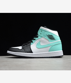 Side view of a turquoise, black and white high-top Jordan sneaker with a contrasting Swoosh and padded collar.