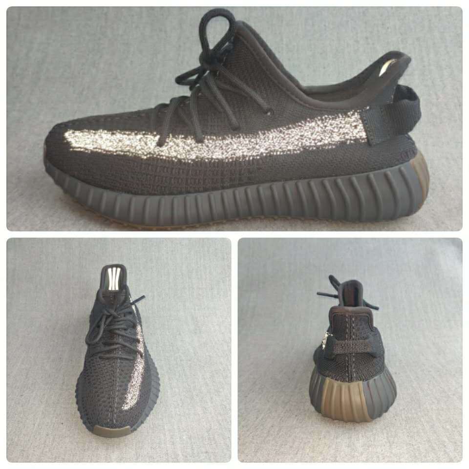 Composite product image showing side, top, and rear views of the black reflective sneakers.