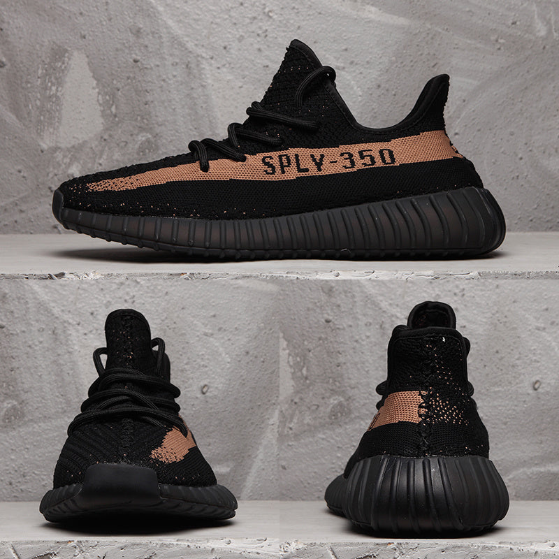 Collage showing side, front, and rear views of the black Yeezy 350 V2-style sneaker with a peach-toned stripe.