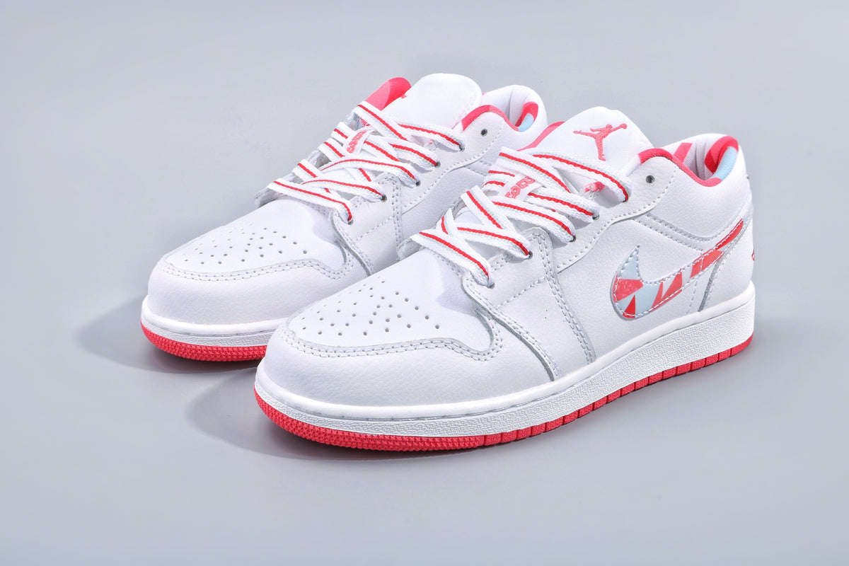 Front three-quarter view highlighting the perforated toe boxes, striped laces, and contrasting red outsoles.