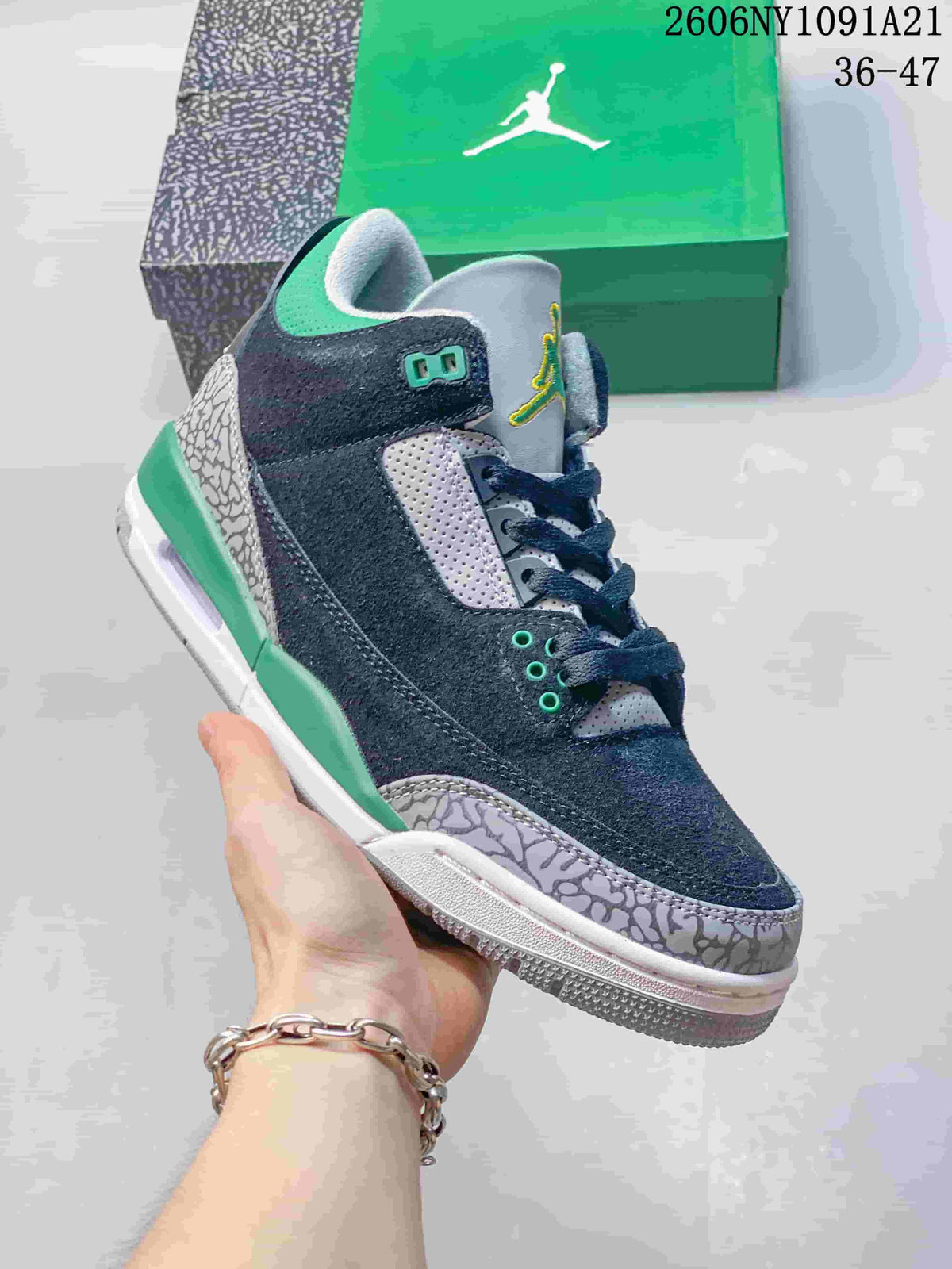Air Jordan 3 Mid Sneakers in Navy, Grey and Green