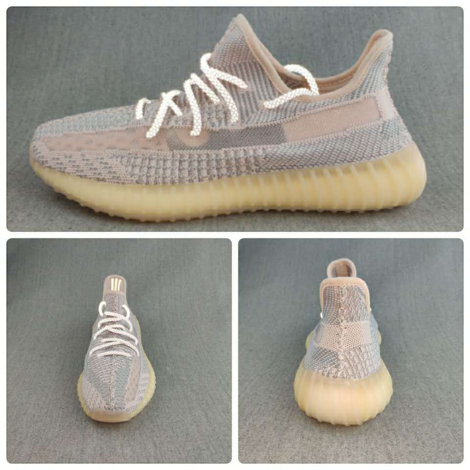 Collage showing side, front, and rear views of the grey and pink-toned Yeezy 350 V2 style sneaker.