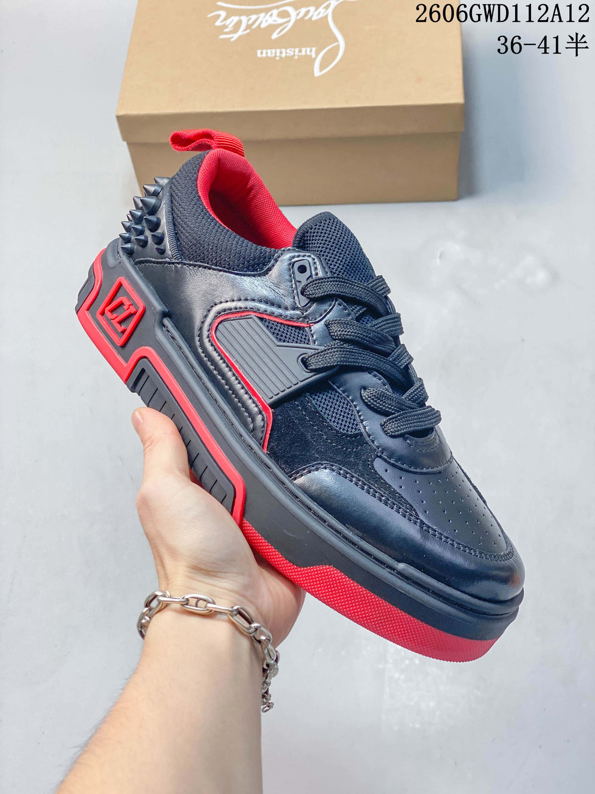 Christian Louboutin Funnyto Flat Low-Top Sneakers, Black and Red