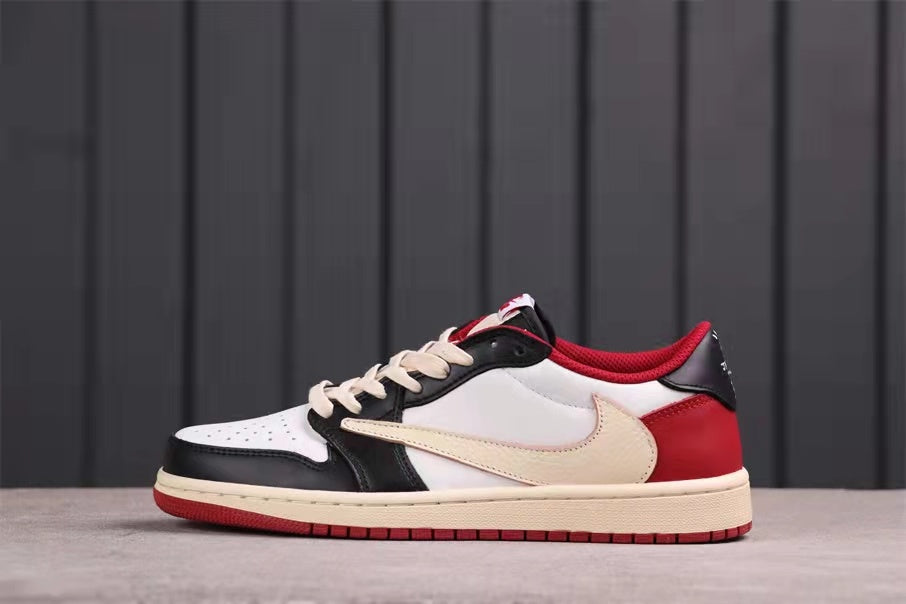 Opposite side profile showing the cream Swoosh, white quarter panel, red heel, and red outsole.