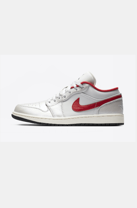 Side view of white and light grey low-top sneakers with a red Swoosh, red collar lining, and black outsole.