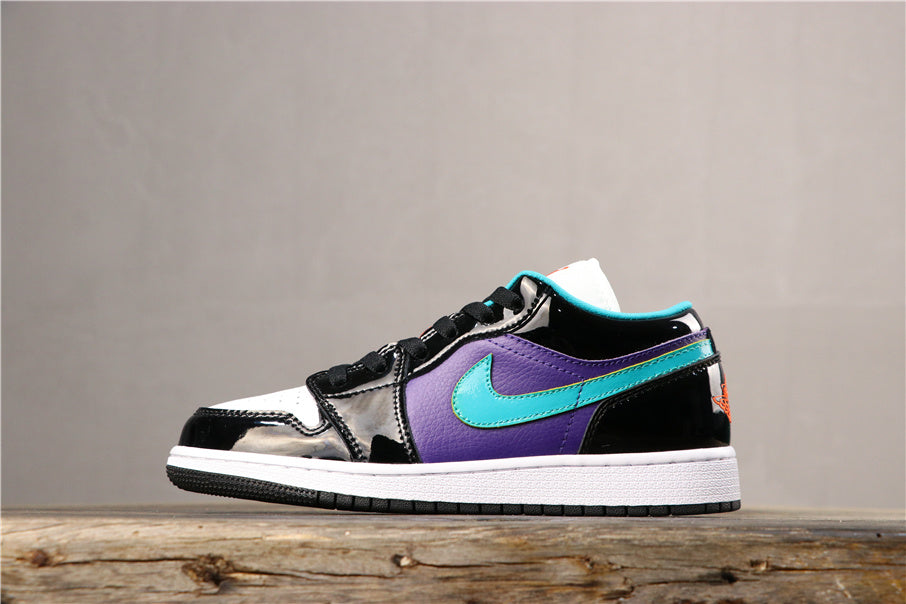 Side view of a low-top sneaker with purple and black panels, a turquoise Nike Swoosh, white midsole, and black outsole.