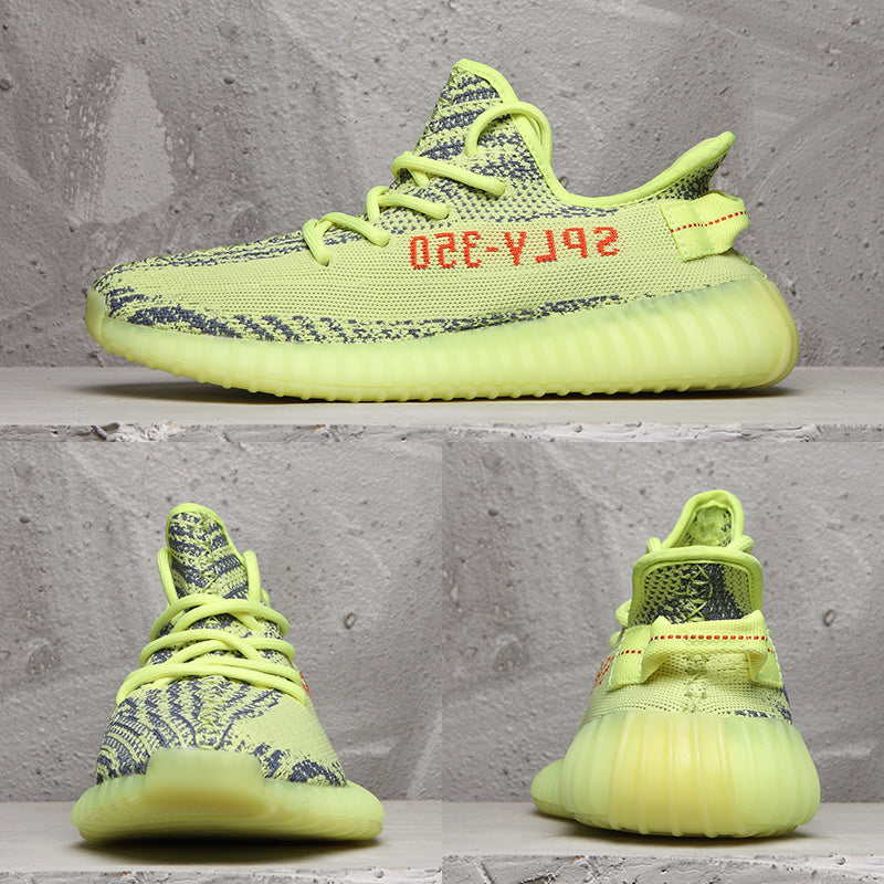Collage showing side, front, and rear views of the lime green knit sneaker.