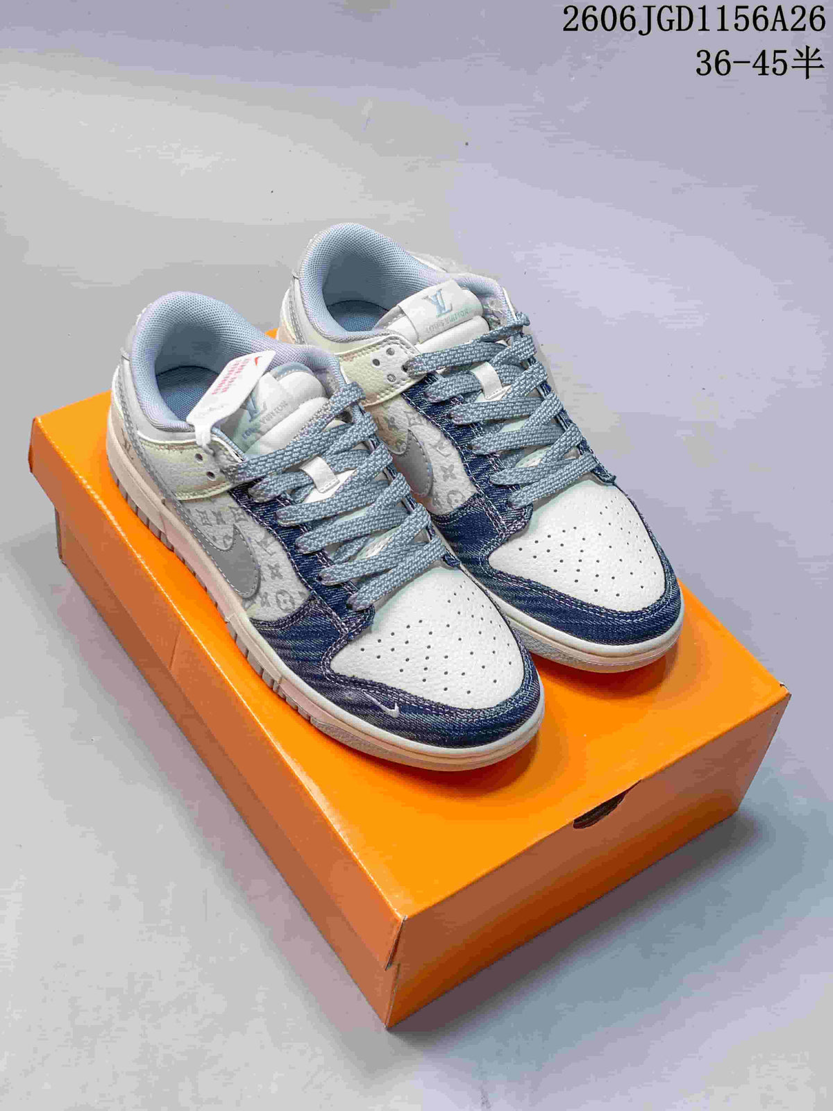Nike Dunk Low White and Blue Monogram Sneakers