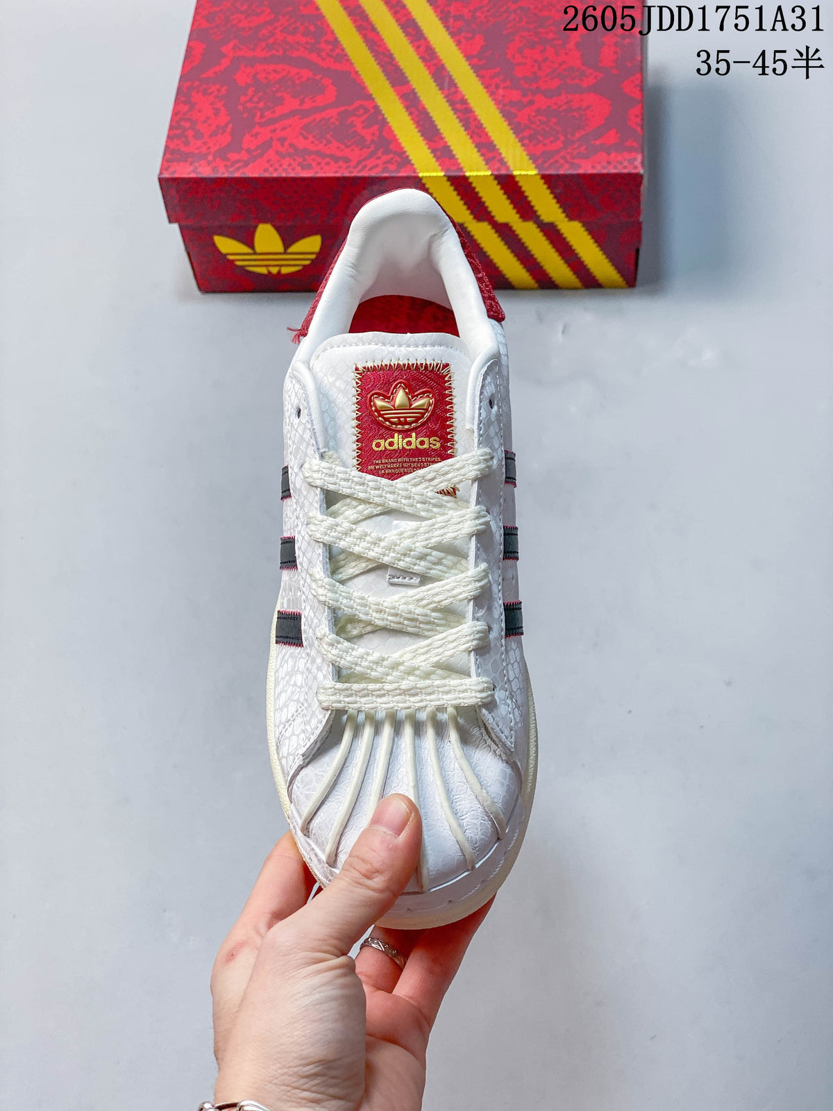 Adidas Superstar White Shell-Toe Sneakers with Red Accents