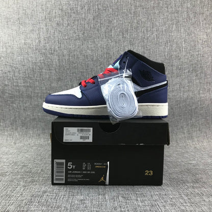 Sneaker and box display; the lower box label visibly states AIR JORDAN 1 MID SE (GS), EUR 37.5, and style code BQ6931-400.