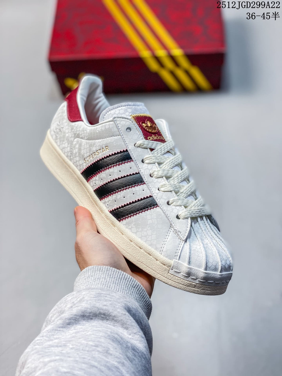 Adidas Superstar White and Red Low-Top Sneakers