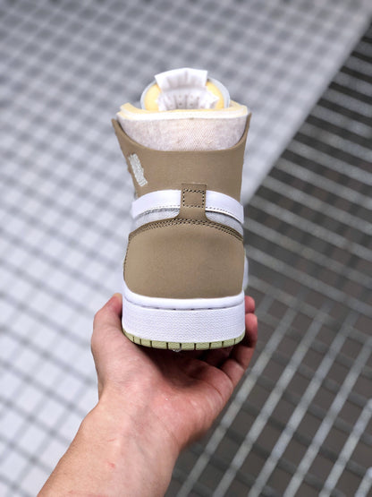 Rear view of the high-top sneaker showing the brown heel panel, white collar detail, and olive green outsole edge.