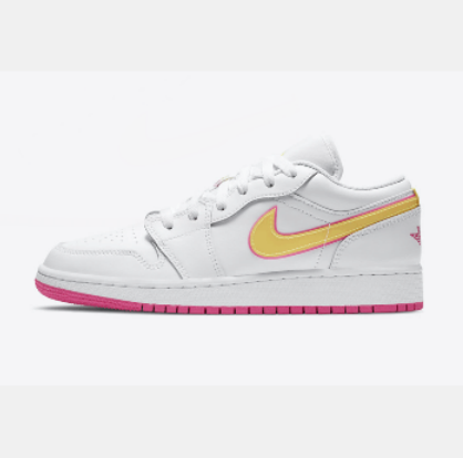 Side view of a white low-top sneaker with a colorful swoosh-style logo, white laces and a contrasting pink outsole edge.