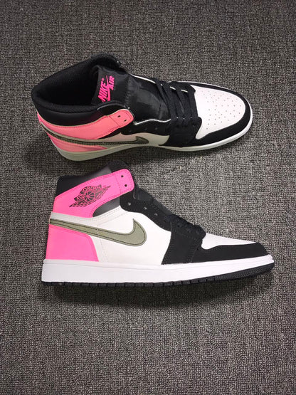 Side profile showing the perforated white toe box, black forefoot overlays, pink collar and heel, and white midsole.