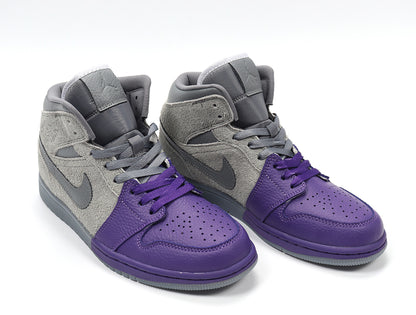 Three-quarter view of the high-top sneakers in purple and cool grey.