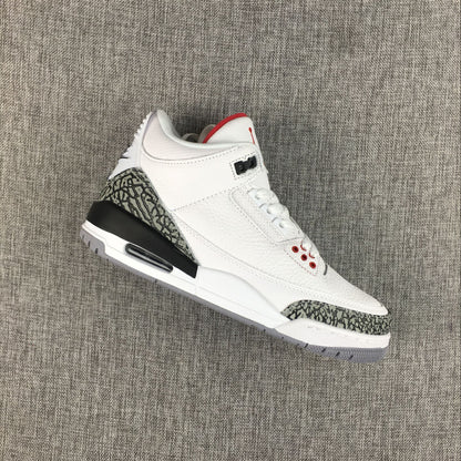 Angled view of the white and grey Jordan 3 sneaker showing elephant-print toe and heel overlays