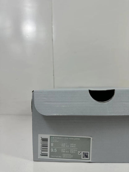 Gray shoebox with a label identifying Air Force 1 Low PRM CPFM, sizes 8 and 9.5, and style code CK4746 991.