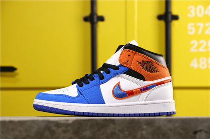 Opposite side profile showing the blue toe, white mid-panel, orange collar and Jordan branding.