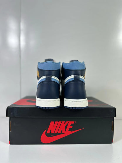 Rear view of the navy and blue heels of the high-top sneakers