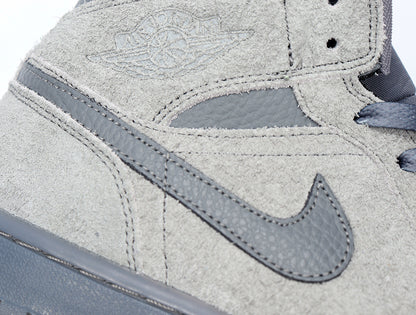 Close-up of the cool grey upper, dark grey Swoosh and stitched panel details.