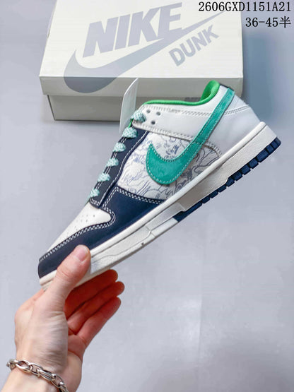 Nike Dunk Low Sneakers White Navy Green Graffiti