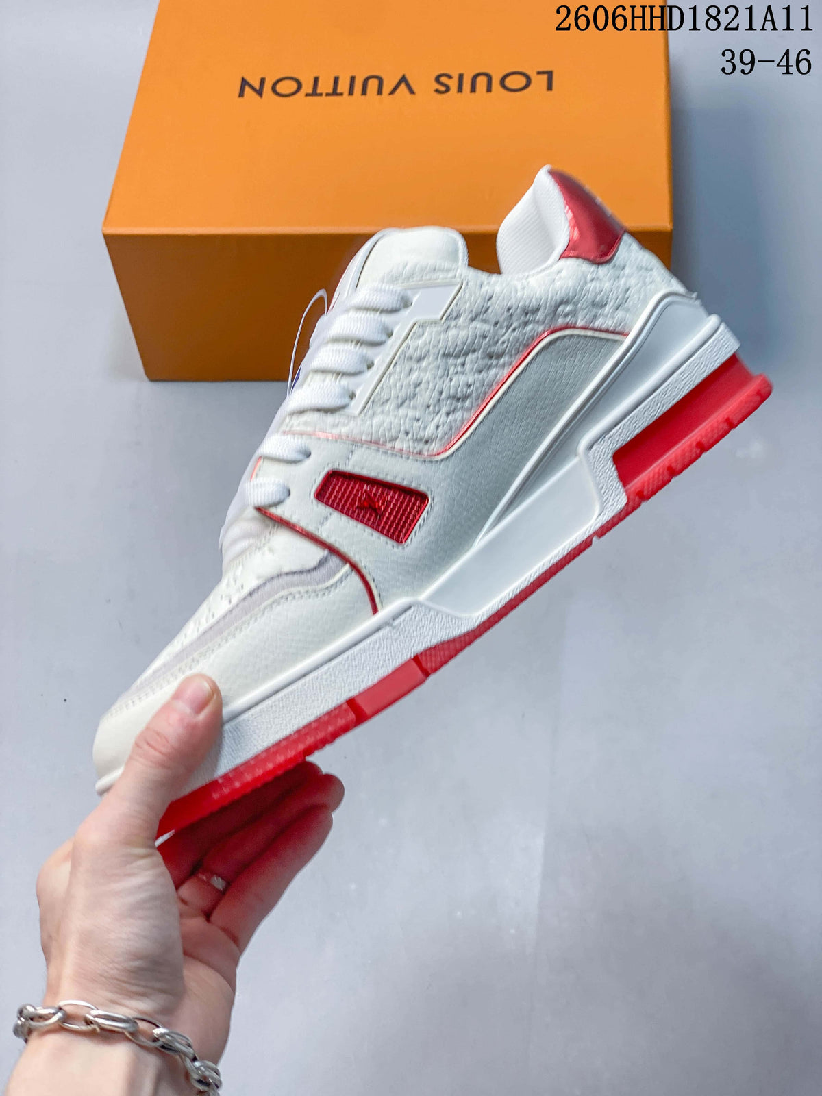 Louis Vuitton Trainer Low-Top Sneakers, White and Red
