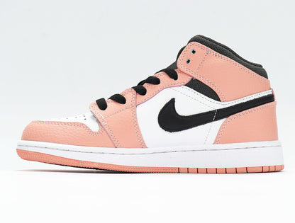 Side profile showing the mid-top shape, quartz pink overlays, white side panel, black Swoosh, and white midsole.