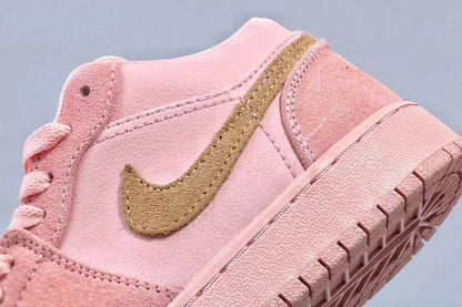Close-up of the pink side panel, textured overlay and gold side branding.