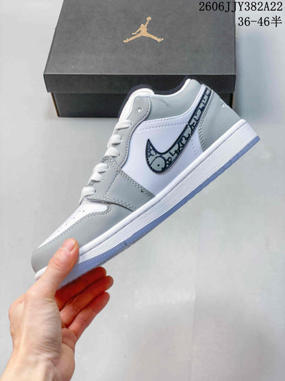 Air Jordan 1 Low White Grey Patterned Swoosh Sneakers