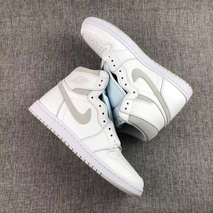 Pair of white and grey high-top sneakers shown from an angled top view.