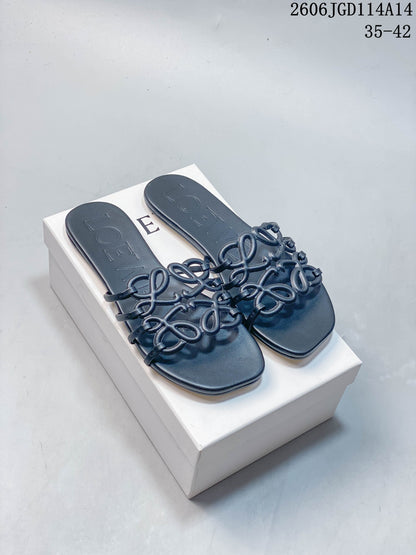 LOEWE Petal Anagram Flat Slide Sandals, Navy