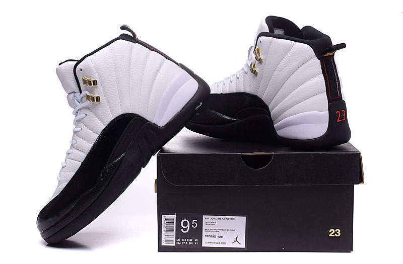 Two white and black high-top sneakers displayed with the black shoe box and visible size label.