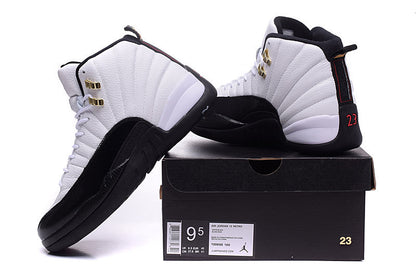 Two white and black high-top sneakers displayed with the black shoe box and visible size label.