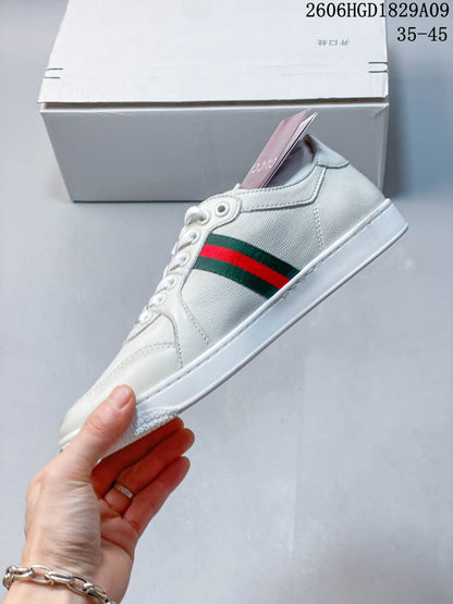 Gucci White Low-Top Sneakers with Red-Green Web Stripe