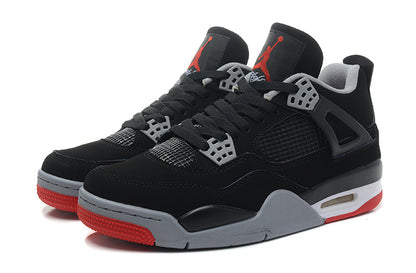 Pair of black and red high-top sneakers shown from a front three-quarter angle.