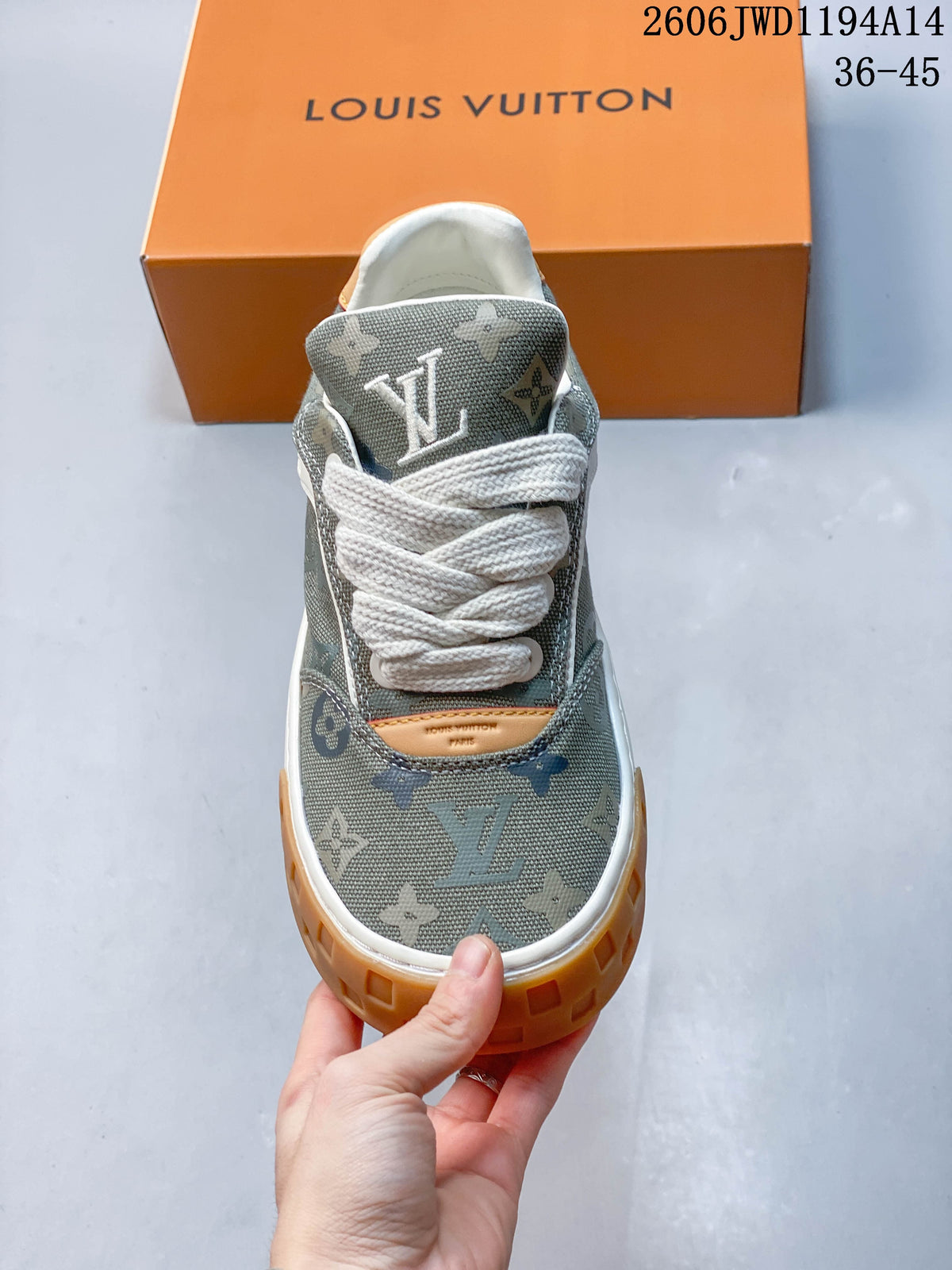 Louis Vuitton Tilted Monogram Sneakers in Gray and Tan