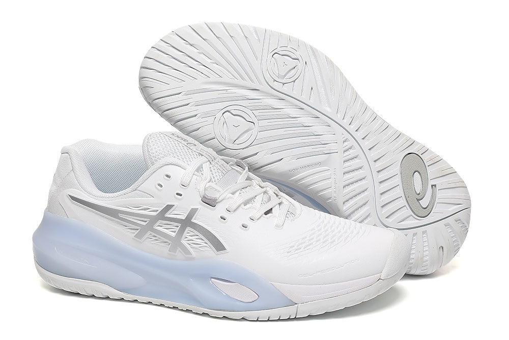 ASICS White and Silver Court Sneakers with Pale Blue Midsole