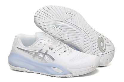 ASICS White and Silver Court Sneakers with Pale Blue Midsole