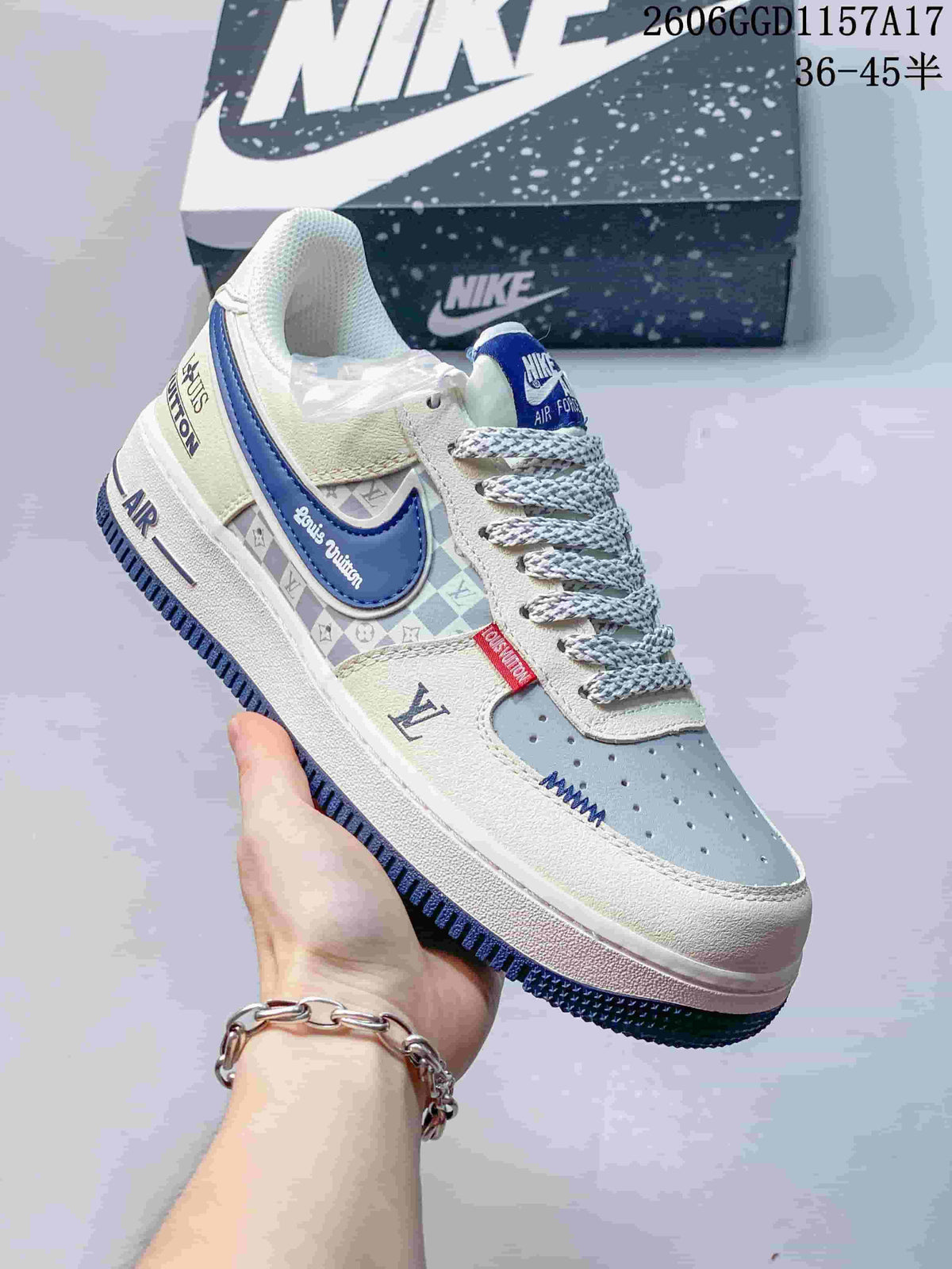 Nike Air Force 1 Low Cream and Blue Monogram Sneakers