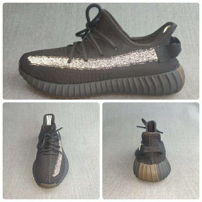 Composite product image showing side, top, and rear views of the black reflective sneakers.