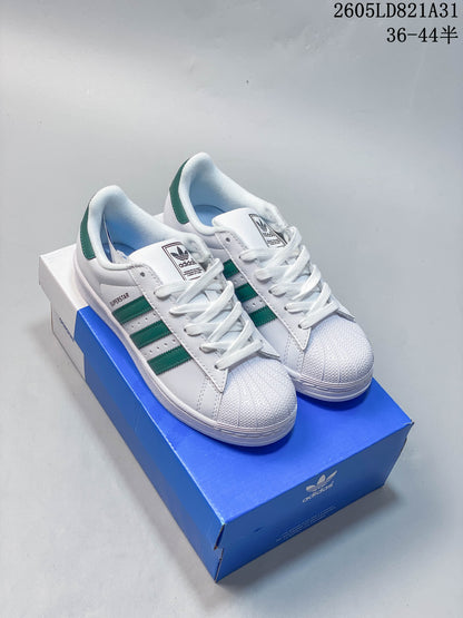 Adidas Superstar White and Green Shell-Toe Sneakers