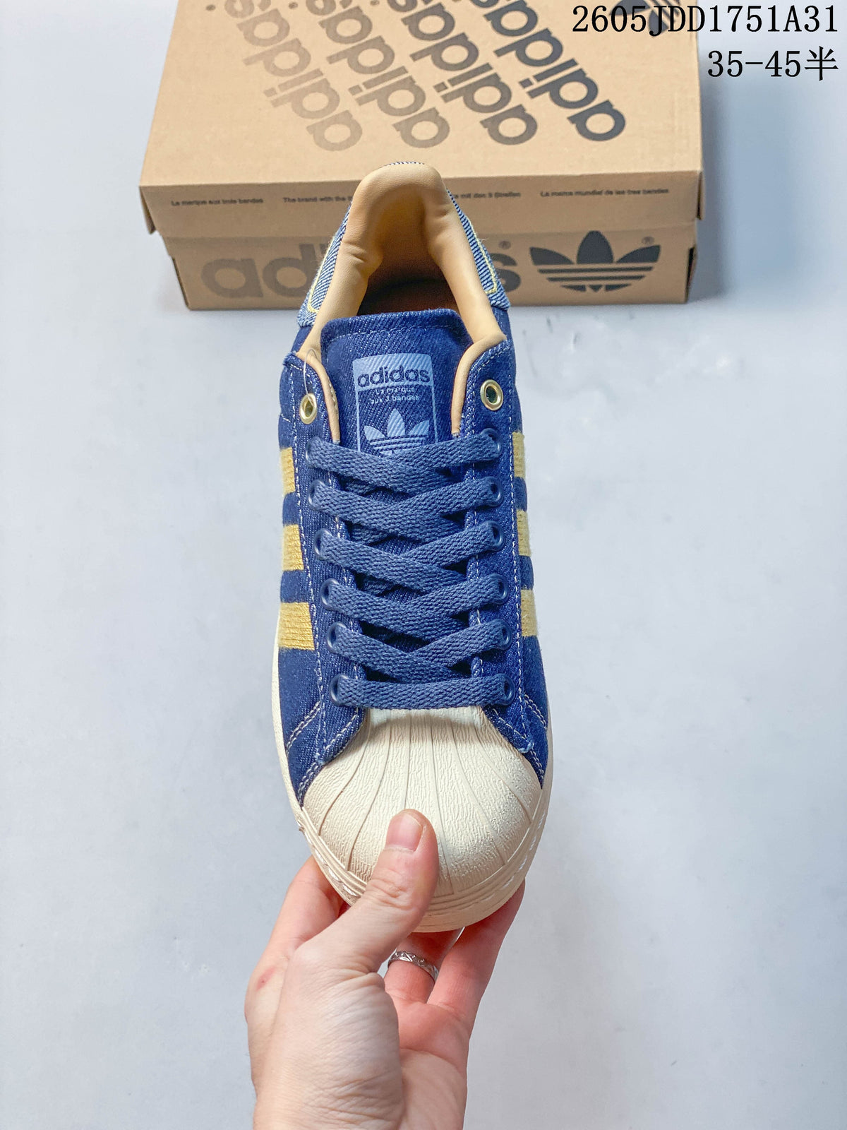 Adidas Superstar Blue Denim and Gold Sneakers