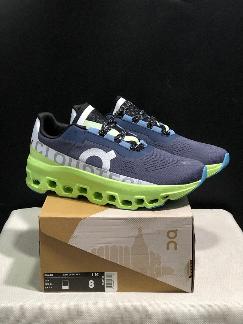 On Cloudmonster Running Shoes in Navy and Lime