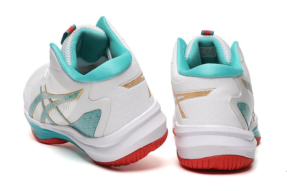 ASICS White and Aqua Indoor Court Sneakers
