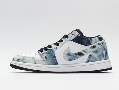 Side profile highlighting the low-top shape, white side panel and denim-look overlays.