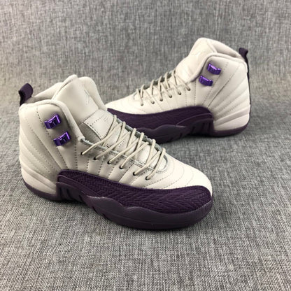 Air Jordan 12 sneakers shown from the side with off-white panels and deep purple overlays