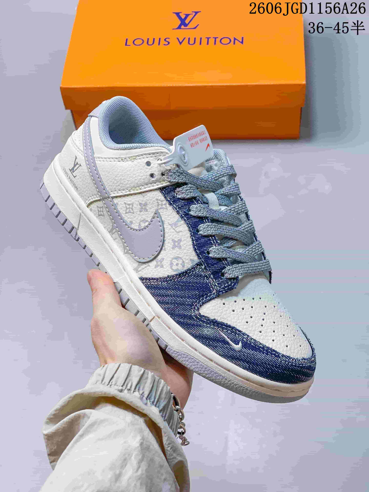 Nike Dunk Low White and Blue Monogram Sneakers